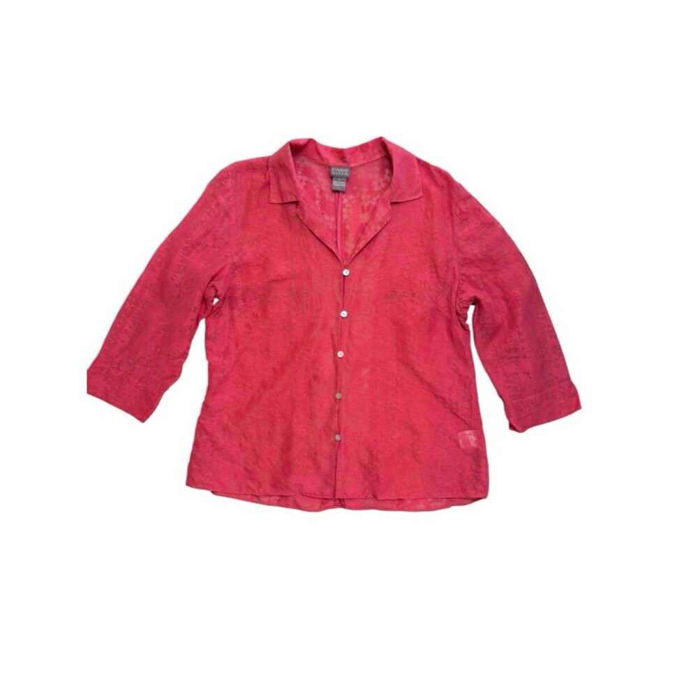 Sigrid Olsen Linen Silk Floral Burnout Sheer Button Front Top Size Large